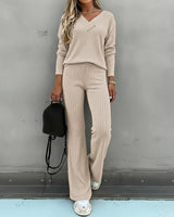 Valmirel - Ribbed V Neck Knit Set Long Sleeve And Straight Leg