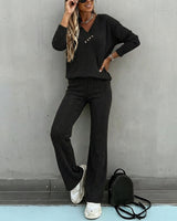 Valmirel - Ribbed V Neck Knit Set Long Sleeve And Straight Leg