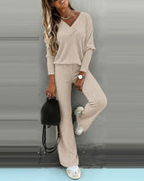 Valmirel - Ribbed V Neck Knit Set Long Sleeve And Straight Leg