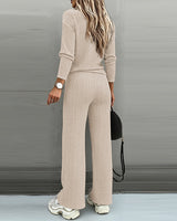 Valmirel - Ribbed V Neck Knit Set Long Sleeve And Straight Leg
