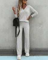 Valmirel - Ribbed V Neck Knit Set Long Sleeve And Straight Leg