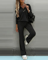 Valmirel - Ribbed V Neck Knit Set Long Sleeve And Straight Leg
