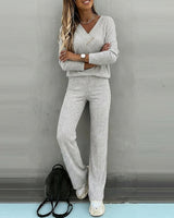 Valmirel - Ribbed V Neck Knit Set Long Sleeve And Straight Leg