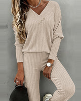 Valmirel - Ribbed V Neck Knit Set Long Sleeve And Straight Leg