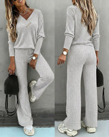 Valmirel - Ribbed V Neck Knit Set Long Sleeve And Straight Leg