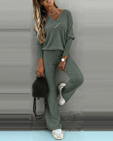 Valmirel - Ribbed V Neck Knit Set Long Sleeve And Straight Leg