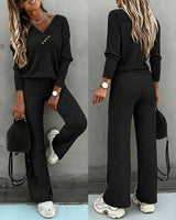 Valmirel - Ribbed V Neck Knit Set Long Sleeve And Straight Leg