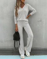 Valmirel - Ribbed V Neck Knit Set Long Sleeve And Straight Leg