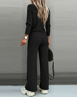 Valmirel - Ribbed V Neck Knit Set Long Sleeve And Straight Leg