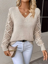 Oliva – Women’s V Neck Crochet Sleeve Sweater