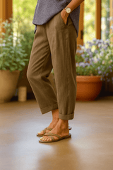 Elarique - Cropped Linen Straight Leg Trousers