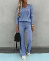 Valmirel - Ribbed V Neck Knit Set Long Sleeve And Straight Leg