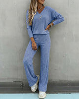 Valmirel - Ribbed V Neck Knit Set Long Sleeve And Straight Leg