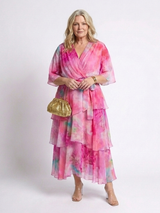 Leila - Wrap Front Tiered Summer Dress Wide Sleeves Tie Waist