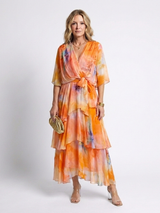 Leila - Wrap Front Tiered Summer Dress Wide Sleeves Tie Waist