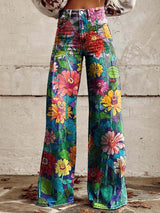 Virexa - Womens Wide Leg Trousers With Vintage Print