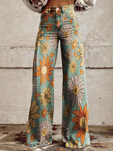 Virexa - Womens Wide Leg Trousers With Vintage Print