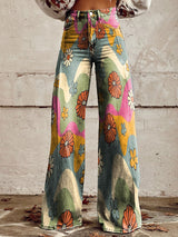 Virexa - Womens Wide Leg Trousers With Vintage Print