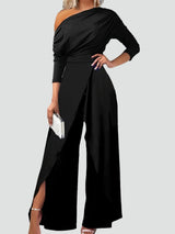 Aulouette - One Shoulder Draped Wide Leg Jumpsuit