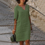 Aarnelle – Relaxed Linen V Neck Dress Women