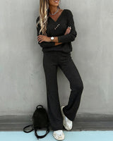 Valmirel - Ribbed V Neck Knit Set Long Sleeve And Straight Leg