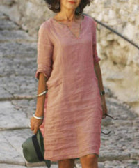 Aarnelle – Relaxed Linen V Neck Dress Women