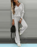 Valmirel - Ribbed V Neck Knit Set Long Sleeve And Straight Leg