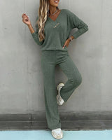 Valmirel - Ribbed V Neck Knit Set Long Sleeve And Straight Leg