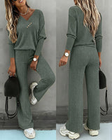 Valmirel - Ribbed V Neck Knit Set Long Sleeve And Straight Leg
