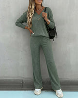 Valmirel - Ribbed V Neck Knit Set Long Sleeve And Straight Leg