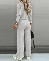 Valmirel - Ribbed V Neck Knit Set Long Sleeve And Straight Leg