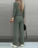 Valmirel - Ribbed V Neck Knit Set Long Sleeve And Straight Leg