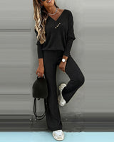 Valmirel - Ribbed V Neck Knit Set Long Sleeve And Straight Leg