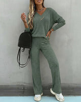 Valmirel - Ribbed V Neck Knit Set Long Sleeve And Straight Leg