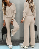 Valmirel - Ribbed V Neck Knit Set Long Sleeve And Straight Leg