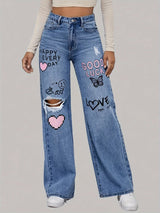 Kaelina – Women’s Wide Leg Jeans With Heart And Graffiti Print