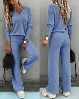 Valmirel - Ribbed V Neck Knit Set Long Sleeve And Straight Leg