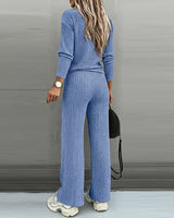 Valmirel - Ribbed V Neck Knit Set Long Sleeve And Straight Leg