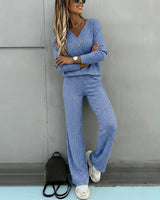 Valmirel - Ribbed V Neck Knit Set Long Sleeve And Straight Leg