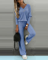 Valmirel - Ribbed V Neck Knit Set Long Sleeve And Straight Leg