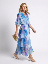 Leila - Wrap Front Tiered Summer Dress Wide Sleeves Tie Waist