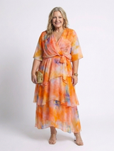 Leila - Wrap Front Tiered Summer Dress Wide Sleeves Tie Waist