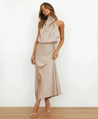 Solmira - Womens Halter Midi Dress Sleeveless