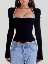 Olivia – Black Velvet Pearl Corset Top