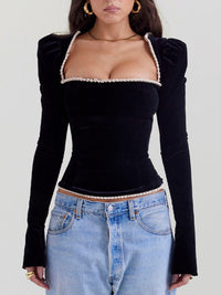 Olivia – Black Velvet Pearl Corset Top