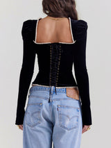 Olivia – Black Velvet Pearl Corset Top